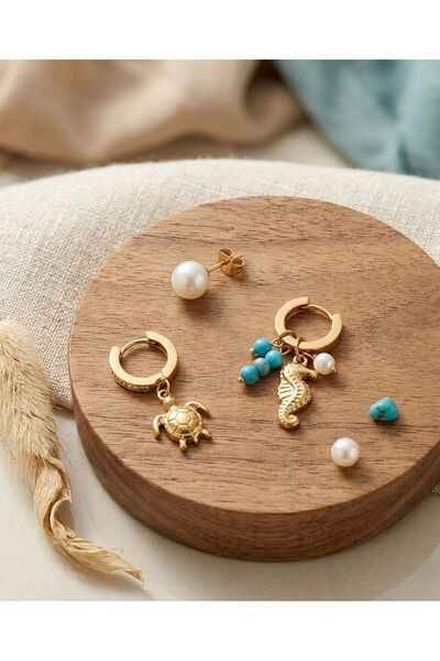 HOŞGÖR ACCESSORIES 3-Piece Turtle Seahorse Pearl Detailed Steel Earrings