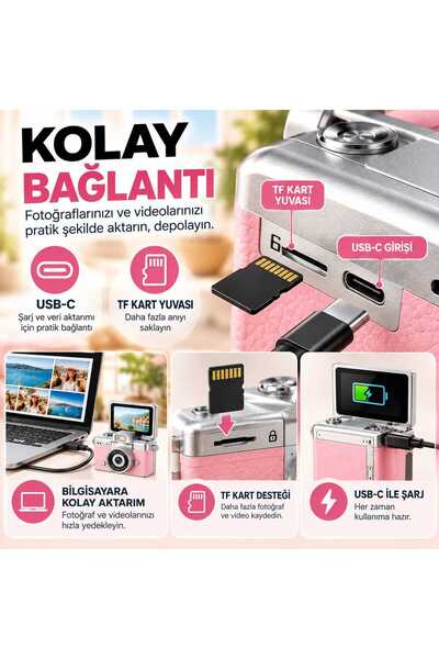 Asfal Mini Dijital Fotoğraf Makinesi 1080P Full HD Video Kamerası 180 Derece Döner Ekranlı Retro Tasarım Şarjlı Çocuk Kamerası