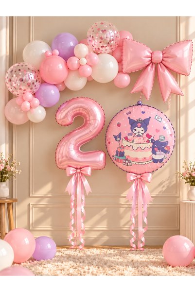 ALYA Party 2 Years Old Kuromi Themed Birthday Balloon Set with Bow Foil Ballo...