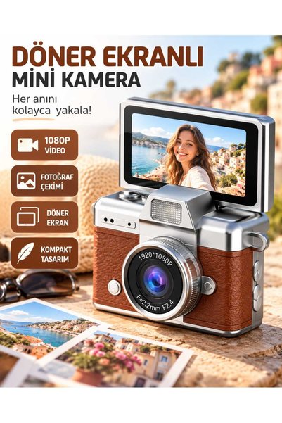 Asfal Mini Dijital Fotoğraf Makinesi 1080P Full HD Video Kamerası 180 Derece Döner Ekranlı Retro Tasarım Şarjlı Çocuk Kamerası