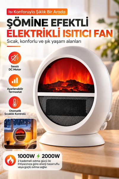 CROW'S TECH Şömine Efektli Elektrikli Isıtıcı Fan 2000W – 2 Kademeli Isıtma, ...