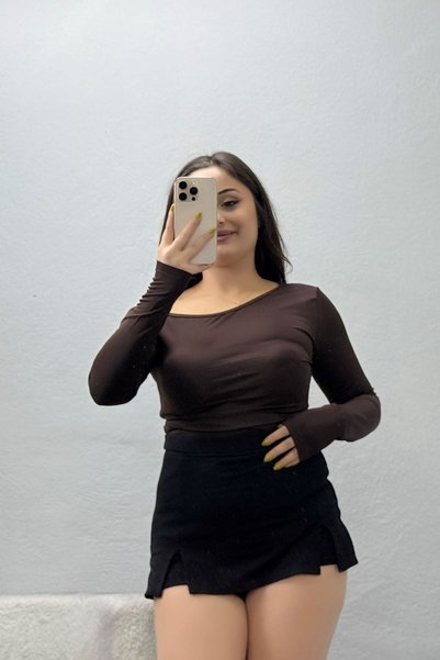 BELENDİR Women's Asymmetrical Cut Diver Long Sleeve Bodysuit Brown
