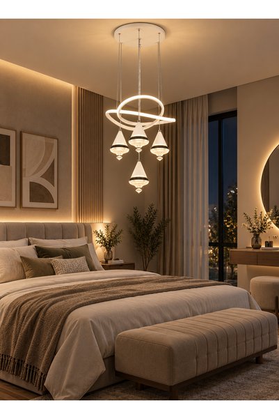 best power تعليقة ليد مودرن بيضاء بتصميم إطار متداخل وأقماع كريستالية متدلية ...