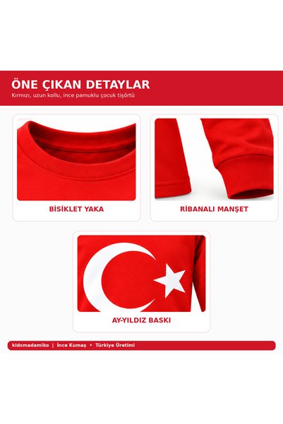Kidsmadamiko Kız Çocuk Türk Bayrağı Baskılı Uzun Kollu Kırmızı Tişört Ribanalı Manşet