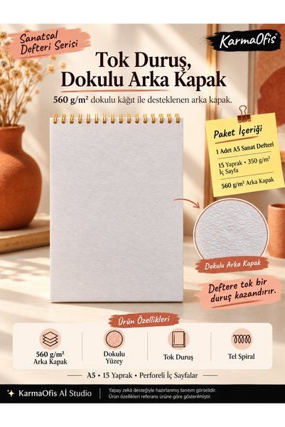 KarmaOfis A5 Mixed Media Resim Defteri 350 gr 15 Yaprak Spiralli Perforeli | Akrilik Marker | Guaj Boya | Yağlı Boya 2 Adet