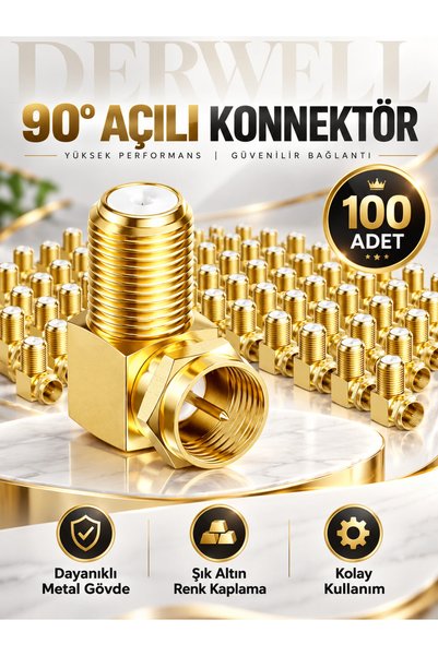 Derwell 100 Adet Gold L Tipi F Konnektör 90 Derece Açılı Dayanıklı Metal Gövde Uydu Anten Kablo Birleştirici Şık Altın Kaplama Kolay Kurulum Yüksek Performanslı Güvenilir Tv Fiş Seti