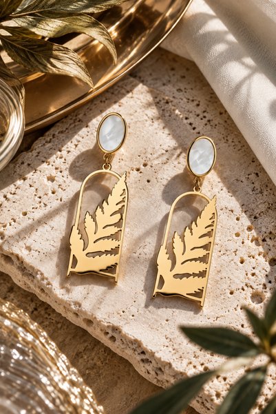 Sylvera Shop Leaf Motif Belt Form Dangle Steel Earrings (Gold Color)