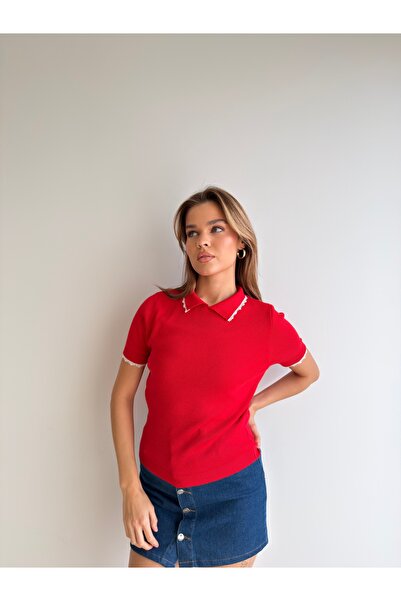 KENZA'A TRİKO Bluză tricotată cu guler polo și detalii din dantelă