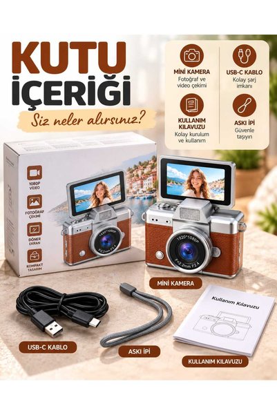 Asfal Mini Dijital Fotoğraf Makinesi 1080P Full HD Video Kamerası 180 Derece Döner Ekranlı Retro Tasarım Şarjlı Çocuk Kamerası