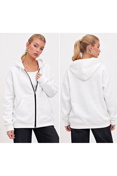 RAMİOR COLLECTION Women's 3-Thread Raster Sweatshirt with Zipper Hood and Pocket Detail