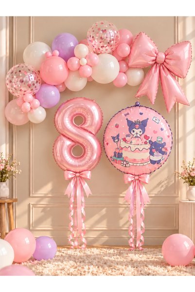 ALYA Party 8 Year Old Kuromi Themed Birthday Balloon Set with Bow Foil Balloo...