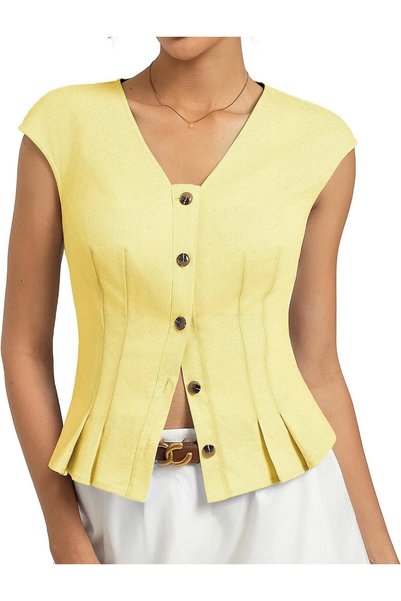 OtherMax Bluză Damă Cămașă V-Neck Mânecă Scurtă Din Bumbac Casual Galbenă S