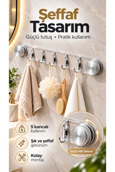 QesQin 5'li Vakumlu Askılık Delmeden Montaj Şeffaf Duvar Askısı Banyo Mutfak Havlu Bornoz Askılığı