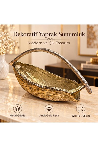 BOZBEYLER Dekoratif Yaprak Sunumluk Antik Gold Metal 52x18x25 cm – Saplı Mode...