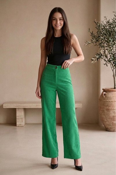 OEM Pantaloni dama eleganti raiat wide leg cu talie inalta si nasture, A-205