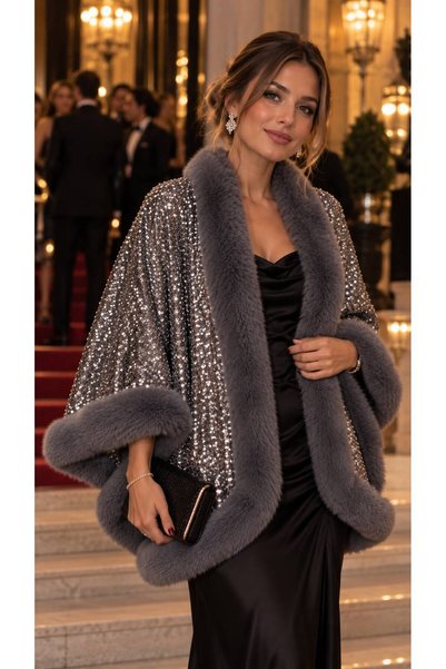 MARBERRY Anthracite Premium Faux Fur Sequin Embroidered Woven Women's Poncho