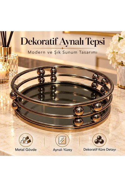 BOZBEYLER Dekoratif Yuvarlak Aynalı Tepsi – Metal Çerçeveli Küre Detaylı Mode...