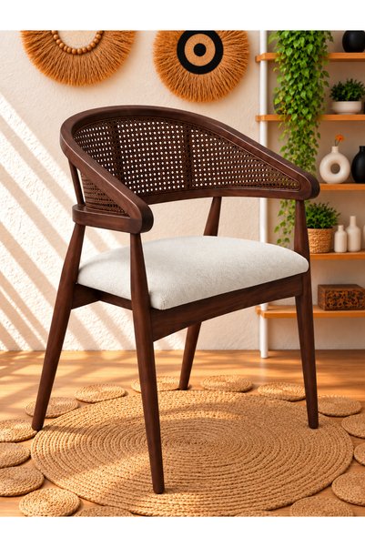 silla Gazel Sandalye Teddy Krem Kumaş Hasırlı Koyu Ceviz Ahşap Sandalye