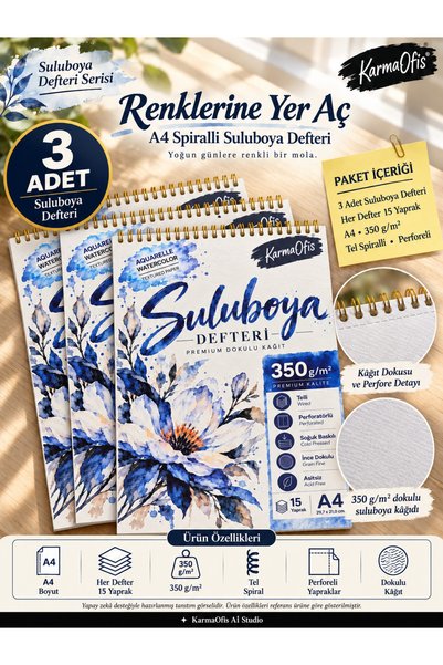 KarmaOfis A4 Suluboya Defteri 350 gr Dokulu Kağıt 15 Yaprak Tel Spiralli Perforeli – 3 Adet Seçenekli