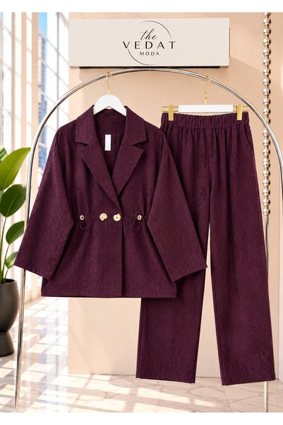MODA VEDAT Women's Velvet Fabric Trousers Set with Drawstring Waist -0700 Purple
