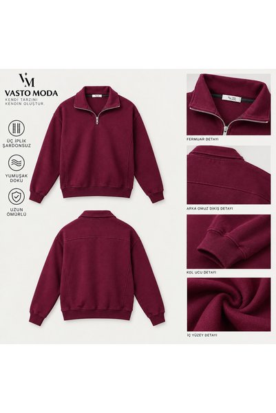 Vasto Moda Erkek Oversize Kalın Dokulu 3 İplik Şardonsuz Kaşkorse Bisiklet Yakalı Basic Yarım Fermuarlı Sweatshirt