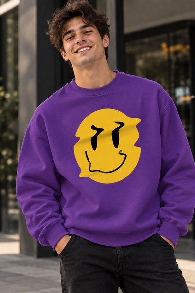 ArtYus Yellow Smiley Face Smile Printed Unisex Oversize Sweatshirt – Crew Nec...