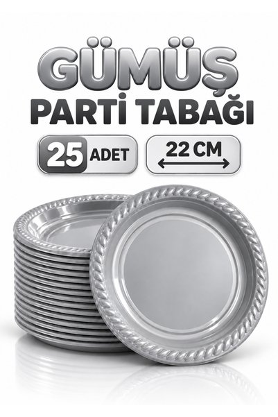 Delvos Gümüş Renginde 22'cm 25'li Parlak Tabak Renkli Dayanıklı Gri Plastik D...