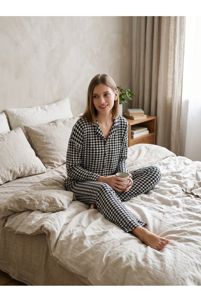 Genel Markalar Kadın Pamuklu Uzun Kollu Pijama Takımı Rahat Kesim Ev Giyim Loungewear