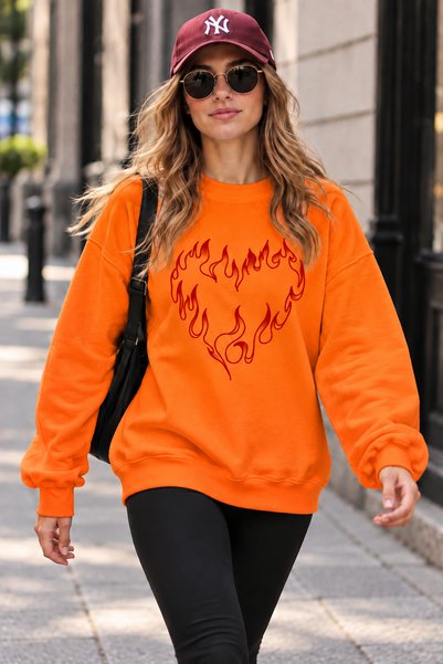 ArtYus Flame Heart Printed Unisex Oversize Sweatshirt – Crew Neck Casual Swea...