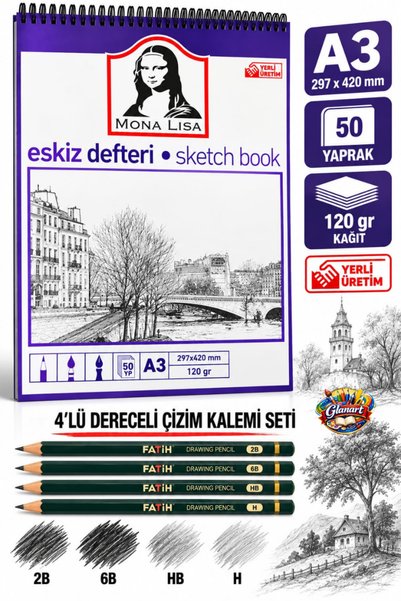 Glanart A3 boy spiralli 50 yaprak eskiz defteri çizim seti (dereceli resim ka...