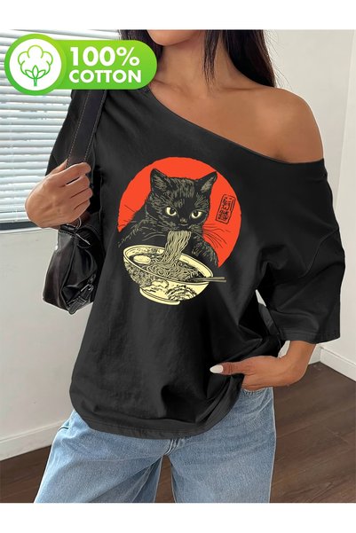 OVER HEAD Tricou pentru femei, 100% bumbac, cu imprimeu Noodle Cat, cu gât ba...