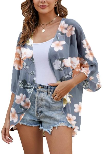 OtherMax Cardigan de Plajă Kimono Damă Fluid Floral Lejer Gri 2XL