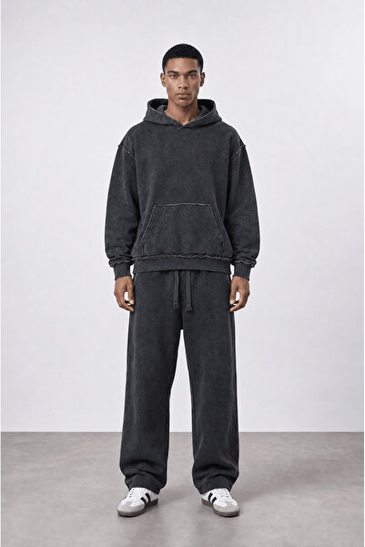 Respire Erkek Pis Dikiş Detaylı Yıkamalı Basic Oversize Hoodie Siyah
