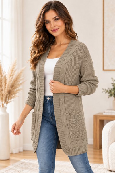 AQE FASHION Cardigan de damă, fără închidere, cu mânecă lungă, decolteu în V ...