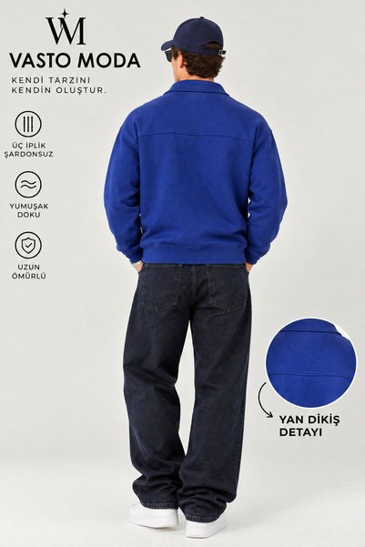 Vasto Moda Erkek Oversize Kalın Dokulu 3 İplik Şardonsuz Kaşkorse Bisiklet Yakalı Basic Yarım Fermuarlı Sweatshirt