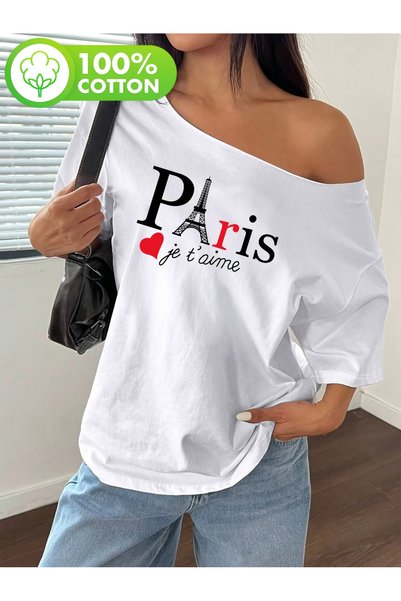 OVER HEAD Tricou Paris Je Taime pentru femei, cu imprimeu, cu gât barcă și um...