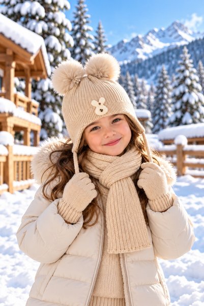 minik'o kids KİTTİ 26170-07 SET Eșarfă, Căciulă și Mănuși pentru Fete 4-8 Ani