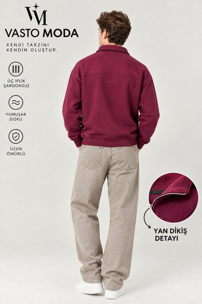 Vasto Moda Erkek Oversize Kalın Dokulu 3 İplik Şardonsuz Kaşkorse Bisiklet Yakalı Basic Yarım Fermuarlı Sweatshirt