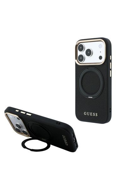 Guess iPhone 18 Pro Case Licensed M-Safe Featured 360 Stand Pu Metal Lettering Logo Cover Black