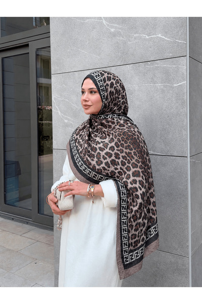 Hepsi Moda Leopard Pattern Digital Bamboo Cashmere Shawl - Mink
