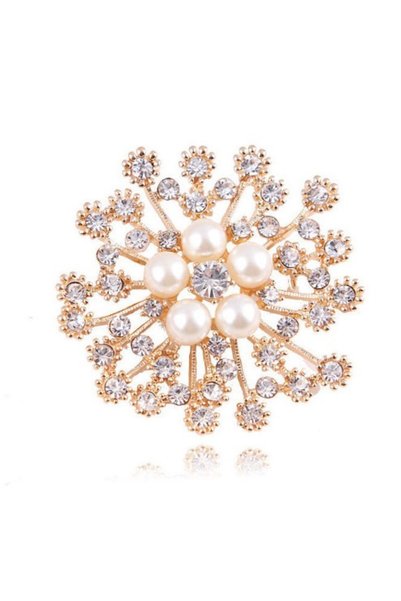 Alviro Broșă damă fulg de nea cu perle decorative și cristale, aurie