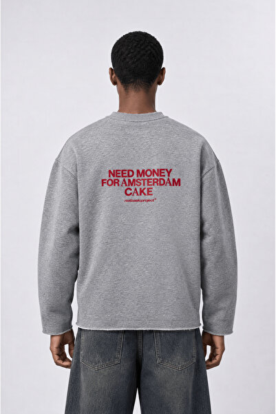 Respire Erkek Cake Baskılı Pis Dikiş Detaylı Oversize Sweatshirt Gri Melanj