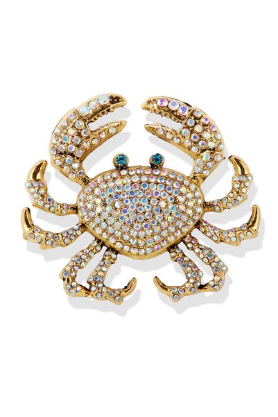 Alviro Brosă în formă de crab, aurie, cu cristale opalescente, 6,4 × 5,6 cm