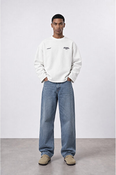 Respire Erkek Cake Baskılı Pis Dikiş Detaylı Oversize Sweatshirt Ekru