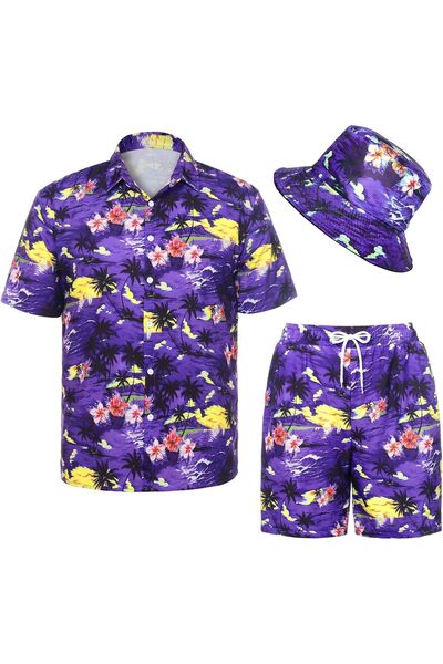 OtherMax Costum Bărbătesc Cămașă Hawaiiană Pantaloni Scurți Șapcă pentru Vară...