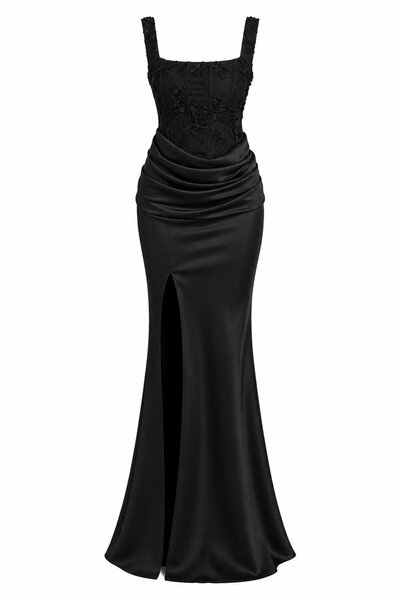 Laluvia Rochie de seară neagră cu corset detaliat și șliț - 20527