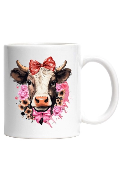 INOVATIX Personalized white mug, a cow with a bow on her head, flowers around...