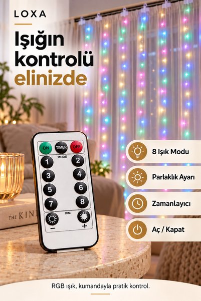 LOXA RGB Çok Renkli LED Perde Işık 3x3 m 300 LED USB Kumandalı 8 Modlu Zamanlayıcılı Dekoratif Aydınlatma