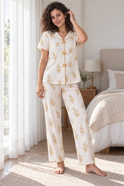 Bravie Buttonless Alaçatı Fabric Soft Short Sleeve Mustard Rose Patterned Paj...