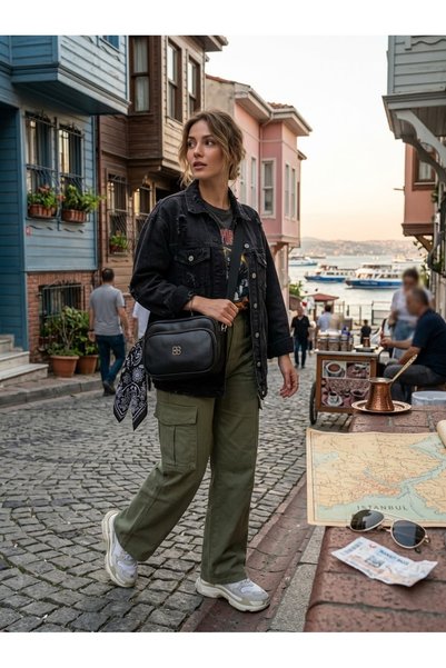 Genel Markalar Fular Detaylı Çok Gözlü Siyah Omuz Çantası